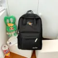Casual canvas backpack for women, stylish campus style school bag with cute embroidery design. - L / Black