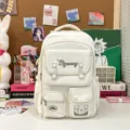 Japanese style white student backpack large capacity casual school book bag with multiple pockets - White