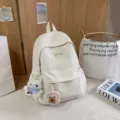 Japanese style casual canvas backpack cute student school bag large capacity daypack beige - White + Bread + Bear