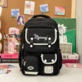 Black Japanese style student backpack large capacity laptop school bag with multiple pockets - Black