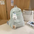 Casual canvas backpack for women student light green school bag with cute plush charms - Blue + Bread + Bear