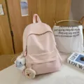 Casual campus school backpack for women, lightweight travel backpack with cute pendants. - Pink + Bread + Bear