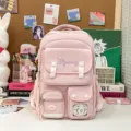 Pink Japanese style student backpack with large capacity, multi pockets and cute transparent window. - Pink