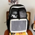 Mochila Ita en blanco y negro con ventana transparente para pines, bolso escolar. - Negro