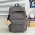 Grey nylon backpack casual school bookbag for women girls daily travel lightweight daypack - Gray with Bear Pendant