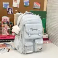 Light blue college style casual backpack, large capacity school book bag with cute plush pendant. - Cute Star Pig / Blue