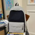 Ins Japanese style plaid backpack large capacity school bag for teenage girls and students. - Black + Long-Legged Cookie