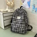Black and white plaid backpack student school bag with front pocket and cute embroidery details - Basic Style / Black