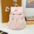 Cute pink canvas backpack for women, aesthetic school bookbag with plush stars and drawstring. - Star Safety Pin Style / Pink