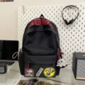 Stylish black canvas casual backpack large capacity school bag with trendy patches for daily - Black
