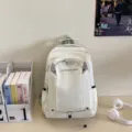 White waterproof casual backpack for students, large capacity school bag for daily travel. - White