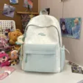 Cute aesthetic school backpack for teen girls, fresh green star pattern casual daypack with front pocket - Yellow Moon Pendant / L / Green