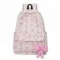 Cute Japanese style corduroy backpack with pink bow print, casual school bookbag - White
