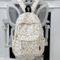 Beige corduroy backpack with cute heart and bow print, lightweight daily casual school bag. - White