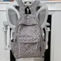 Corduroy school backpack for women students, cute heart bow print casual travel daypack bag - Gray