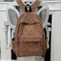 Brown corduroy backpack for women and students, cute bow heart pattern, lightweight daily school bag. - Brown