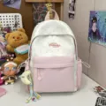 Cute white pink star school backpack for teen girls casual daypack with cute pendant. - Yellow Moon Pendant / S / Pink
