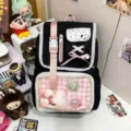 Japanese sweet black and white ita backpack with clear PVC pocket and cute pink ribbon bows. - Badge and Charm / Black