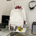 White canvas casual backpack large capacity school bag with cute patches and GM print. - White + Octopus
