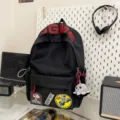 Korean style high capacity canvas backpack for students, trendy black school bag with patches. - Black + Octopus