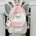 Pink polka dot backpack cute ita bag with transparent front pocket and plush charm variant - Bone and Puppy Face Pendant Style / Pink