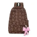 Brown corduroy school backpack with cute bow print and pink ribbon pendant for women. - Khaki