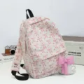 Corduroy backpack for women, cute pink bow and heart print school bag with lovely pendant. - Bowknot Style / White