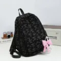 Black corduroy backpack with cute bow print and pink charm for women daily school casual use - Bowknot Style / Black