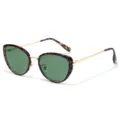 Retro kat-oog zonnebril met schildpad montatuur, gouden pootjes en groene UV-beschermlenzen. - Luipaard Frame Donkergroene Lenzen