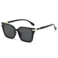 Chic Korean vintage square sunglasses for women, black frames with gold accents, UV protection. - Black Frame Grey Lens