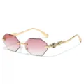 Trendy rimless gradient polygonal sunglasses with luxury gold frames and sparkling crystal temples. - Gold Frame Double Pink Lens