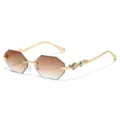 Trendy rimless polygonal sunglasses with gradient brown lenses and chic gold snake temples. - Gold Frame Double Tea Lens