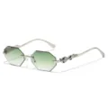 Trendy rimless polygon sunglasses with gradient green lenses and ornate metal temples. - Silver Frame Gradient Green Lens