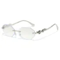 Rimless polygon sunglasses with silver metal temples and sparkling rhinestone animal decor. - Silver Frame Light Gray Lens