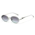 Vintage oval metal sunglasses for women with gradient lenses and chic temple panther decor. - Silver Frame Gray Blue Lenses