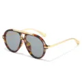 Oversized aviator sunglasses featuring tortoiseshell frame, gold metal top bar and grey lenses. - Tortoise Frame Gray Lens