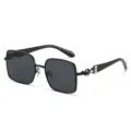 Stylish black square sunglasses for women with elegant bee metal temple decorations UV400. - Black Frame Solid Grey Lens