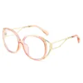 Retro cat-eye blue light blocking glasses with stylish pink translucent frame and gold temples. - Pink