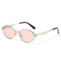 Fashionable metal oval sunglasses with light pink lenses and chic temple details for women. - Silver Frame Pink Lens