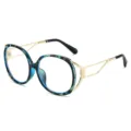 Retro cat-eye blauwlichtwerende bril met gouden geometrische pootjes en blauw montuur. - Blauwe Luipaardprint