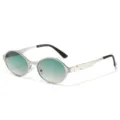 Stylish metal oval frame sunglasses with gradient lenses, modern designer eyewear for men and women. - Silver Frame Gradient Green Lens