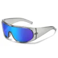 Fashion wrap-around sports sunglasses with blue reflective lenses and clear grey frame. - Silver Frame Blue Mirror Lens