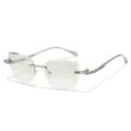 Luxury rimless rhinestone cat-eye sunglasses with diamond-cut lenses and gold frame. - Silver Frame Light Silver Lens