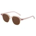 Women's vintage half-frame sunglasses with pink translucent upper rim and brown lenses. - Pink Frame Tea Lens