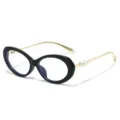 Fashion oval blue light blocking glasses with elegant pearl decorated gold temples. - Black