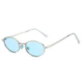 Trendy oval metal sunglasses for women and men, lightweight small frame with light blue lenses. - Silver Frame Blue Lens