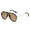 Retro square sunglasses with black thick frame, gold double bridge and light brown lenses. - Black Frame Tea Lens