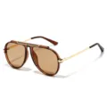 Retro brown square sunglasses with gold metal temples, stylish driving uv protection. - Brown Frame Brown Lens