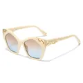 Chic cat eye sunglasses for women with gradient lenses and stylish gold metal decor main view - Cream White Frame Tea Blue Lens / Regular