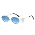 Oval metal sunglasses with blue gradient lenses and unique double ring charms for women and men. - Regular / Silver Frame Gradient Blue Lens